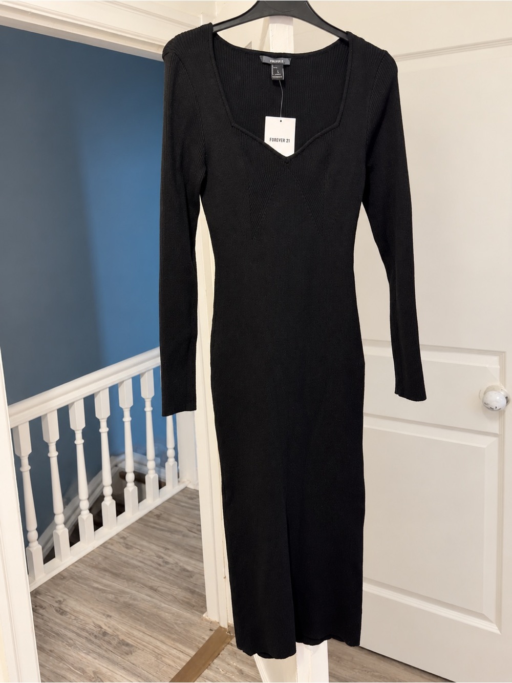 Forever 21 Black Long Sleeve Ribbed Midi Dress with Square Neck